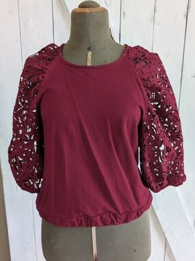 dolan Wine Crochet Puff Sleeve Top